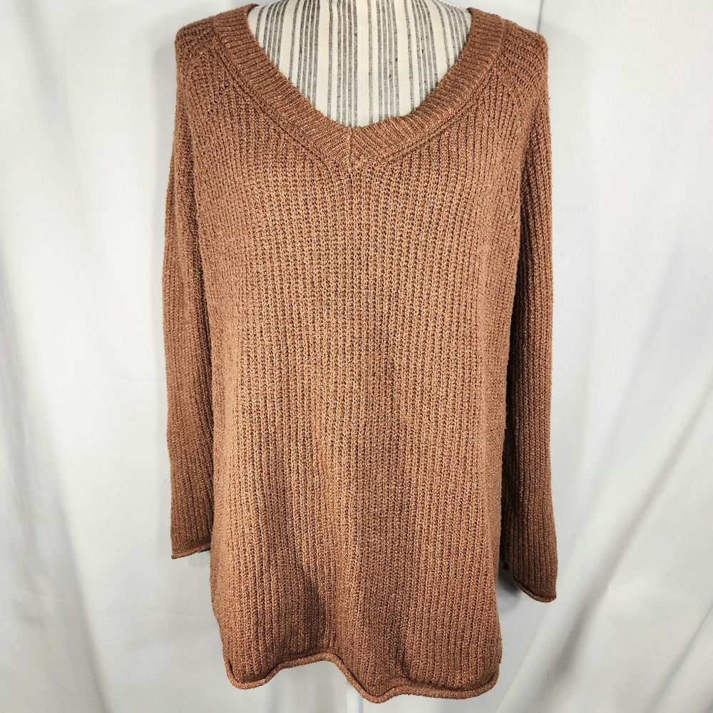 Sonoma Brown V Neck Rolled Hem & Cuffs Ribbed Long Sleeve Sweater Plus Size 2X